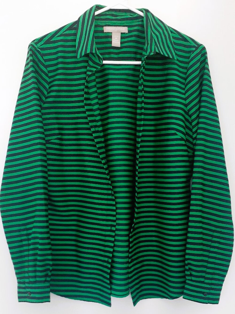 Banana Republic Green & Navy Blue Striped Button Up Blouse